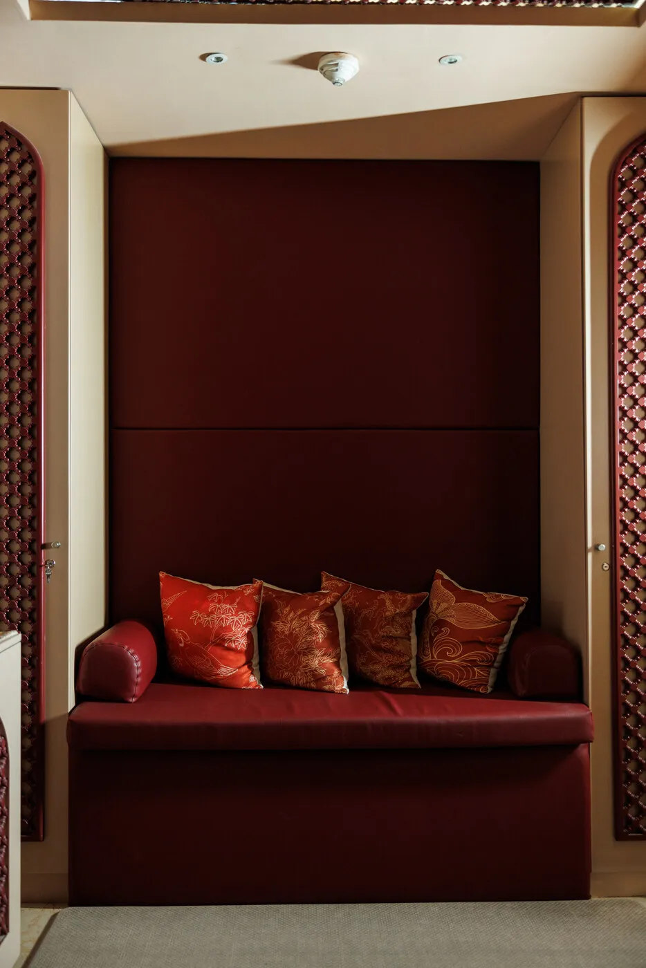 Upholstered bench in the waiting area of the Bur Dubai branch